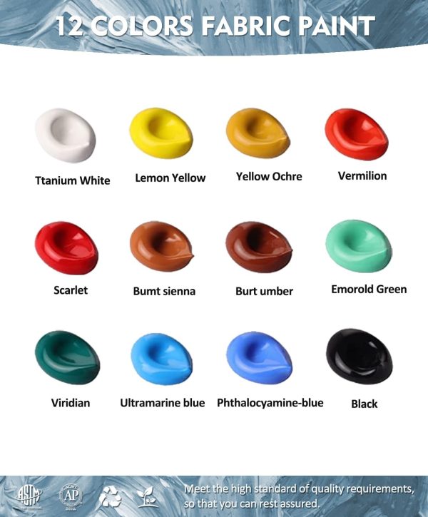 Colorful Fabric Paint Set for Clothes 12 Colors - Permanent Textile Paint Kit for Shoes, Canvas - Non-Toxic Slick Painting Set for Adults, Beginner & Artists-1