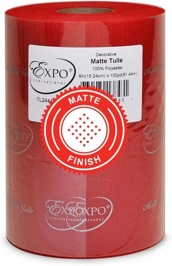 Expo International Decorative Matte Tulle, Roll/Spool of 6” X 100 Yards, Lightweight Polyester Tulle Fabric for Tutus, Costumes, and Party Decorations, Washable, Easy-to-Use, Red-0