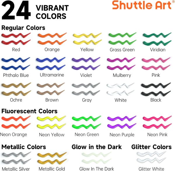 Shuttle Art Fabric Paint, 24 Colors 3D Permanent Paint with Brushes Palette Pen Fabric Sheet Stencils, Glow in The Dark, Glitter, Metallic Colors for Textile Fabric T-shirt Jeans Glass-1