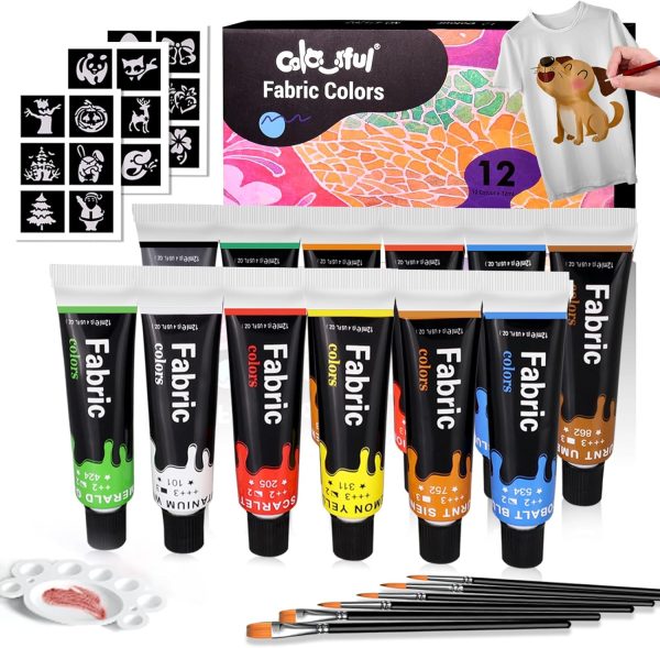 Colorful Fabric Paint Set for Clothes 12 Colors - Permanent Textile Paint Kit for Shoes, Canvas - Non-Toxic Slick Painting Set for Adults, Beginner & Artists-0