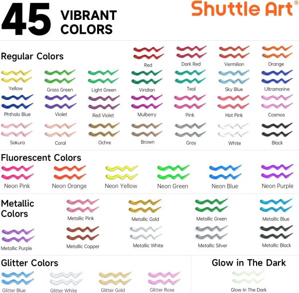 Shuttle Art Fabric Paint Set, 45 Colors 3D Permanent Paint with Brushes Palette Pen Fabric Sheet Stencils, Glow in The Dark, Glitter,Metallic Colors for Textile Fabric T-shirt Jeans Glass-1