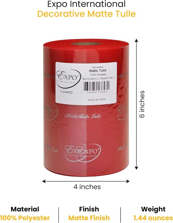 Expo International Decorative Matte Tulle, Roll/Spool of 6” X 100 Yards, Lightweight Polyester Tulle Fabric for Tutus, Costumes, and Party Decorations, Washable, Easy-to-Use, Red-1