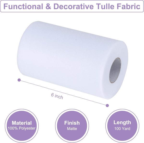 White Tulle Fabric Rolls 6 Inch by 100 Yards (300 feet) Tulle Roll Spool Fabric for DIY Tutu Skirt Baby Shower Birthday Party Wedding Decorations Christmas Craft Supplies (White)-1