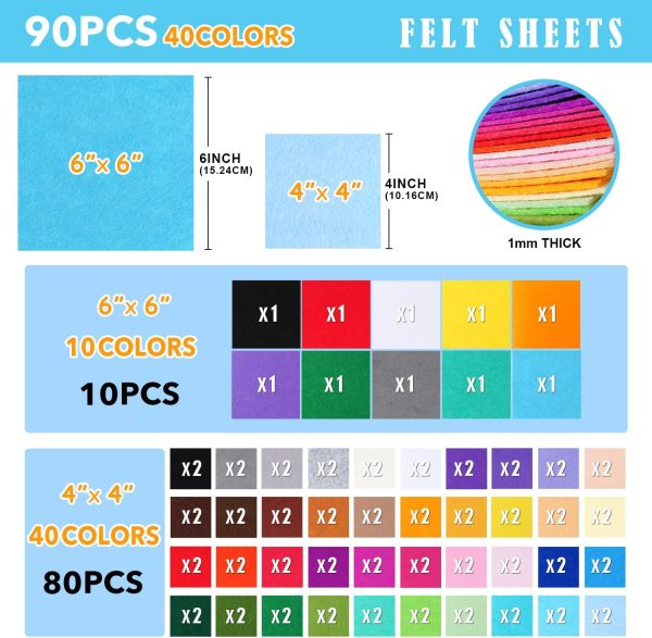 90PCS Felt Fabric Sheets Craft Kit - 4"x 4" + 6"x 6" Assorted Colors - 1mm Thick Square Nonwoven Felt Fabric for Crafts DIY-1