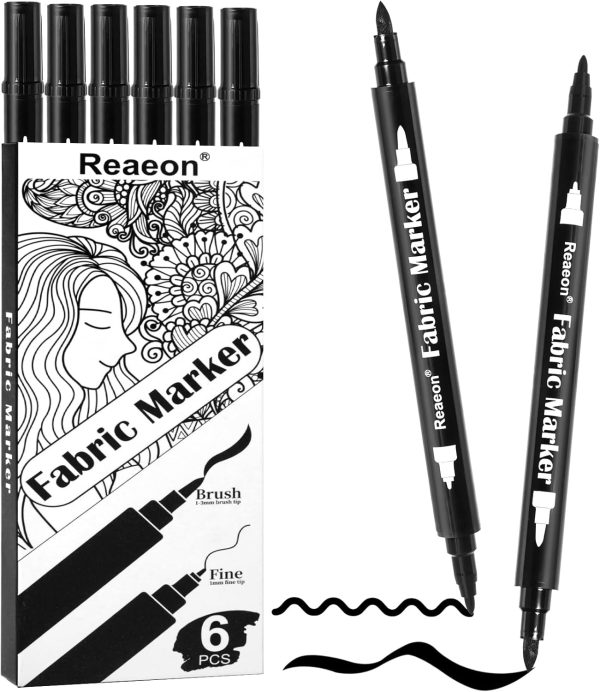 Black Fabric Markers, Dual Tip Fabric Paint Markers, Permanent Fabric Pens for Clothes, T Shirts, Canvas, Bags (6pack)-0