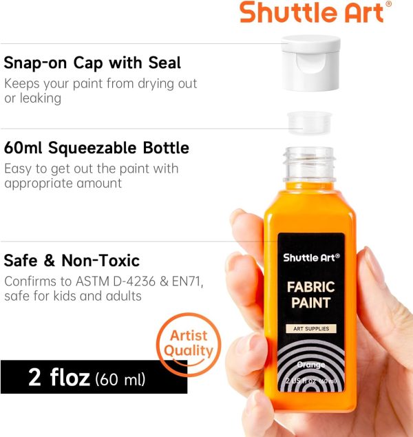Shuttle Art Fabric Paint, 18 Colors Permanent Soft Fabric Paint in Bottles (60ml/2oz) with Brushes, Palette, Stencils, Non-Toxic Textile Paint for T-Shirts, Shoes, Jeans, Bags, DIY Projects&Art-1