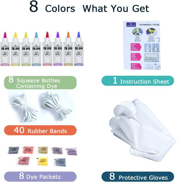 WINSONS Tie Dye Kit, 8 Colours Non Toxic Permanent Fabric Dye Art Set for Kids Women for Homemade Party Creative Group Activities DIY Gift tieba