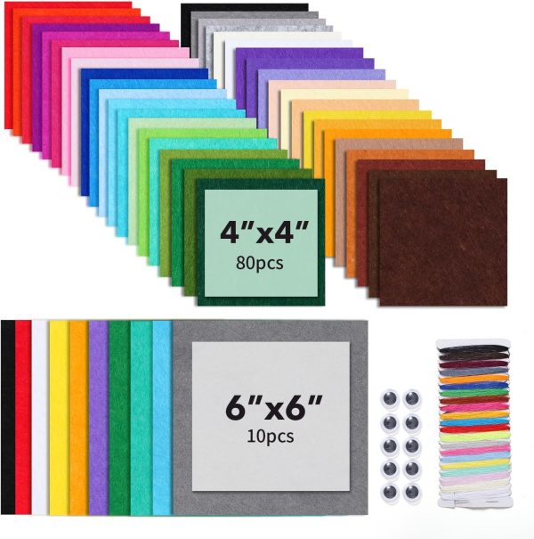 90PCS Felt Fabric Sheets Craft Kit - 4"x 4" + 6"x 6" Assorted Colors - 1mm Thick Square Nonwoven Felt Fabric for Crafts DIY-0