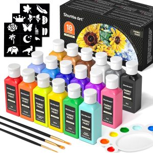 Shuttle Art Fabric Paint, 18 Colors Permanent Soft Fabric Paint in Bottles (60ml/2oz) with Brushes, Palette, Stencils, Non-Toxic Textile Paint for T-Shirts, Shoes, Jeans, Bags, DIY Projects&Art-0