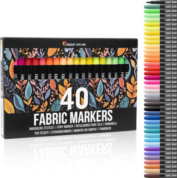 Zenacolor 40 Fabric Markers Pens Set - Non Toxic, Indelible and Permanent Fabric Paint - Fine Point Tip Textile Marker Pen-0