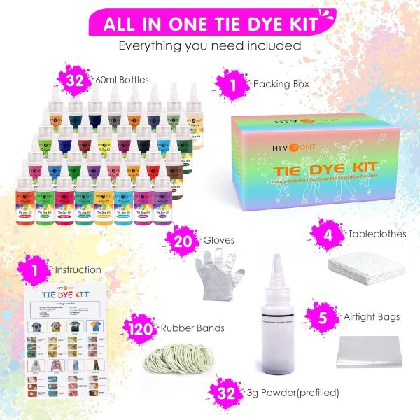 HTVRONT Tie Dye Kit - 32 Vibrant Colors Pre-Filled Bottles Tyedyedye Kit, Permanent Non-Toxic for Large Groups Kids Adults,Tye Fabric Textile Handmade Party(Just Add Water)-2