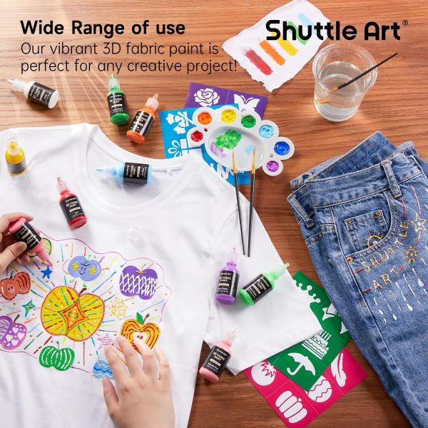 Shuttle Art Fabric Paint Set, 45 Colors 3D Permanent Paint with Brushes Palette Pen Fabric Sheet Stencils, Glow in The Dark, Glitter,Metallic Colors for Textile Fabric T-shirt Jeans Glass-3