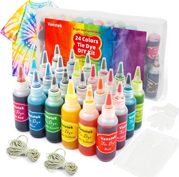 Vanstek Tie Dye Kit, 24 Colors Tie Dye Shirt DIY Fabric Dye for Women, Kids, Men, with Rubber Bands, Gloves, Plastic Film and Table Covers for Family Friends Group Party Supplies vanstek erasable gel pen refills