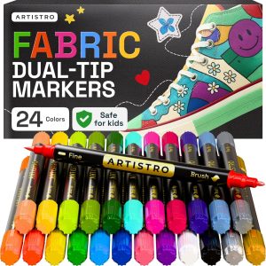 ARTISTRO 24 Dual-Tip Fabric Markers - Fabric Decorating Kit - Permanent for Clothes - Acrylic Paint Pens for Sneakers, Bags, Shoes, Textile, Canvas, Sewing, Craft, DIY - Brush and Fine Tip-0
