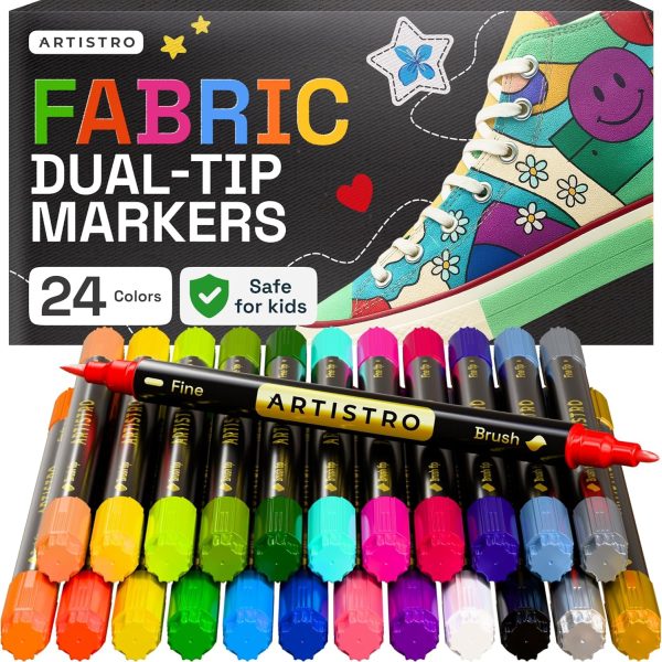ARTISTRO 24 Dual-Tip Fabric Markers - Fabric Decorating Kit - Permanent for Clothes - Acrylic Paint Pens for Sneakers, Bags, Shoes, Textile, Canvas, Sewing, Craft, DIY - Brush and Fine Tip-0