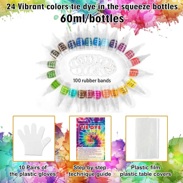 Vanstek Tie Dye Kit, 24 Colors Tie Dye Shirt DIY Fabric Dye for Women, Kids, Men, with Rubber Bands, Gloves, Plastic Film and Table Covers for Family Friends Group Party Supplies kitkat