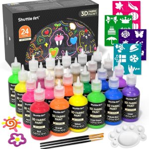 Shuttle Art Fabric Paint, 24 Colors 3D Permanent Paint with Brushes Palette Pen Fabric Sheet Stencils, Glow in The Dark, Glitter, Metallic Colors for Textile Fabric T-shirt Jeans Glass-0