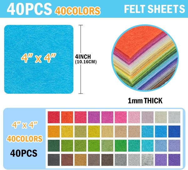 40PCS Felt Fabric Sheets Craft - 4"x 4" Assorted Colors - 1mm Thick Square Nonwoven Felt Fabric for Crafts DIY-1