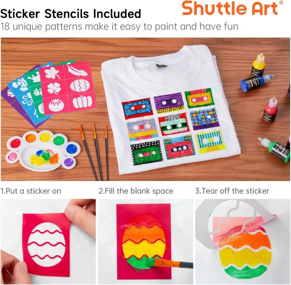 Shuttle Art Fabric Paint, 24 Colors 3D Permanent Paint with Brushes Palette Pen Fabric Sheet Stencils, Glow in The Dark, Glitter, Metallic Colors for Textile Fabric T-shirt Jeans Glass-4