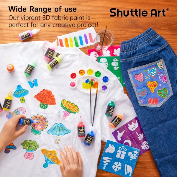 Shuttle Art Fabric Paint, 24 Colors 3D Permanent Paint with Brushes Palette Pen Fabric Sheet Stencils, Glow in The Dark, Glitter, Metallic Colors for Textile Fabric T-shirt Jeans Glass-3