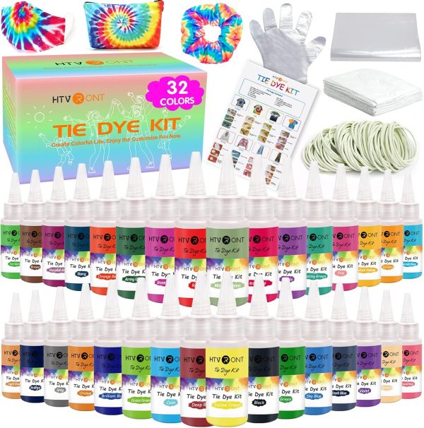 HTVRONT Tie Dye Kit - 32 Vibrant Colors Pre-Filled Bottles Tyedyedye Kit, Permanent Non-Toxic for Large Groups Kids Adults,Tye Fabric Textile Handmade Party(Just Add Water)-0