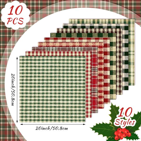 Hahafelt 10 Pcs Christmas Fabric Bundles Vintage 20 x 20 Inch Christmas Plaid Stripe Fat Quarters Holiday Squares Sewing Fabrics Precut Quilting Patchwork for Xmas DIY Handmade Crafting-1