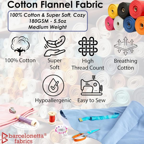 Barcelonetta | 100% Cotton Flannel Fabric | Super Soft | 180GSM, Medium Weight | Solid | Arts & Crafts | Quilting, Blanket, for Sewing (White, 1 Yard)-1