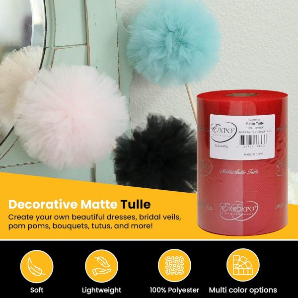 Expo International Decorative Matte Tulle, Roll/Spool of 6” X 100 Yards, Lightweight Polyester Tulle Fabric for Tutus, Costumes, and Party Decorations, Washable, Easy-to-Use, Red-3