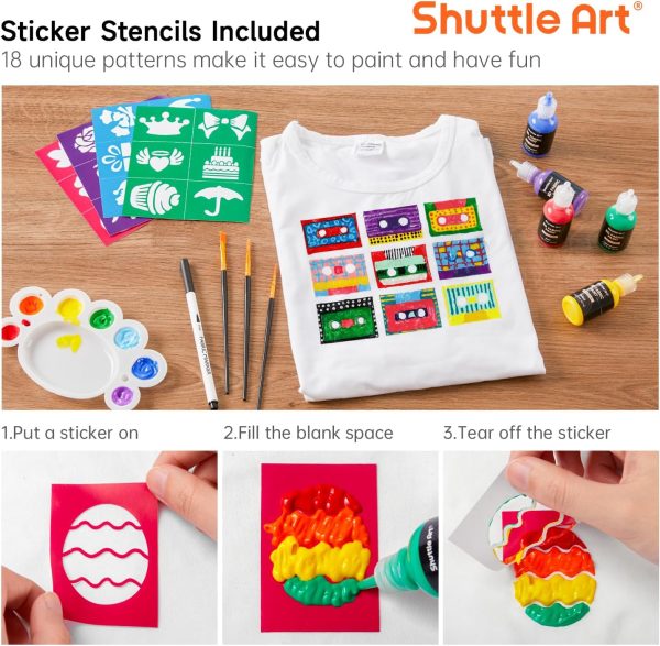 Shuttle Art Fabric Paint Set, 45 Colors 3D Permanent Paint with Brushes Palette Pen Fabric Sheet Stencils, Glow in The Dark, Glitter,Metallic Colors for Textile Fabric T-shirt Jeans Glass-4