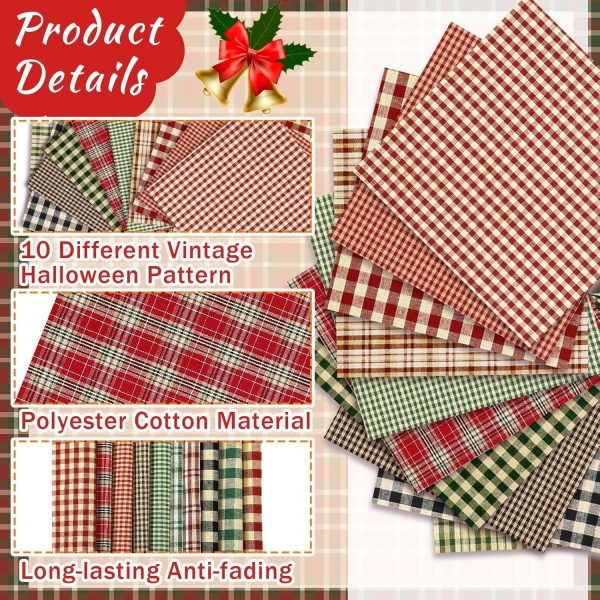 Hahafelt 10 Pcs Christmas Fabric Bundles Vintage 20 x 20 Inch Christmas Plaid Stripe Fat Quarters Holiday Squares Sewing Fabrics Precut Quilting Patchwork for Xmas DIY Handmade Crafting-2