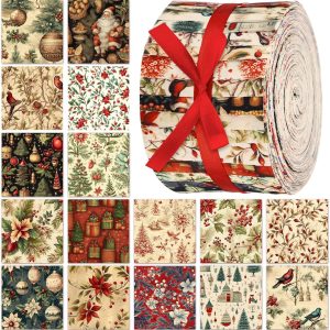 Fanfanwin 40 Pcs Vintage Christmas Quilting Fabric Roll 2.56 Inch Precut Fabric Squares Jelly Patchwork Santa Red Cardinal Poinsettia Strips Materials for Winter Xmas Holiday Craft Sewing Panels DIY-0