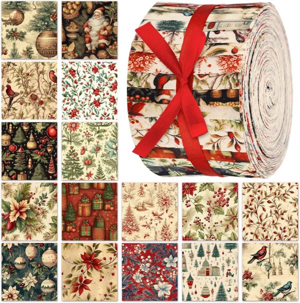 Fanfanwin 40 Pcs Vintage Christmas Quilting Fabric Roll 2.56 Inch Precut Fabric Squares Jelly Patchwork Santa Red Cardinal Poinsettia Strips Materials for Winter Xmas Holiday Craft Sewing Panels DIY-0