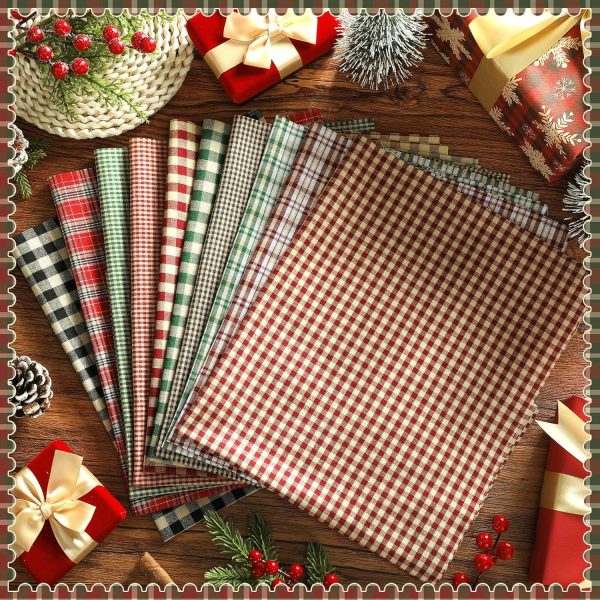 Hahafelt 10 Pcs Christmas Fabric Bundles Vintage 20 x 20 Inch Christmas Plaid Stripe Fat Quarters Holiday Squares Sewing Fabrics Precut Quilting Patchwork for Xmas DIY Handmade Crafting-3